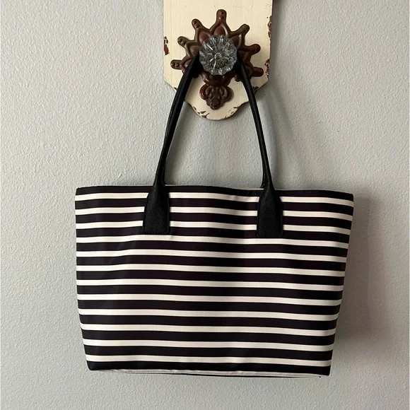 **SOLD**Kate Spade Nylon Tote Bag Black & White Striped Large Shoulderbag Purse - Picture 4 of 7